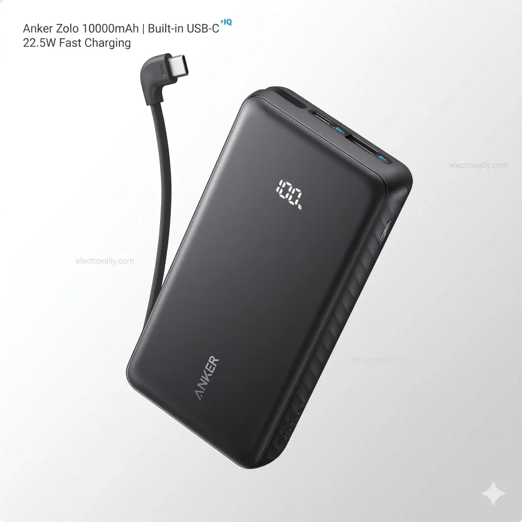 Black Anker Zolo 10000mAh power bank showing digital battery display, 22.5W fast charging icon, and built-in USB-C cable charging a phone.