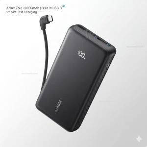 Black Anker Zolo 10000mAh power bank showing digital battery display, 22.5W fast charging icon, and built-in USB-C cable charging a phone.