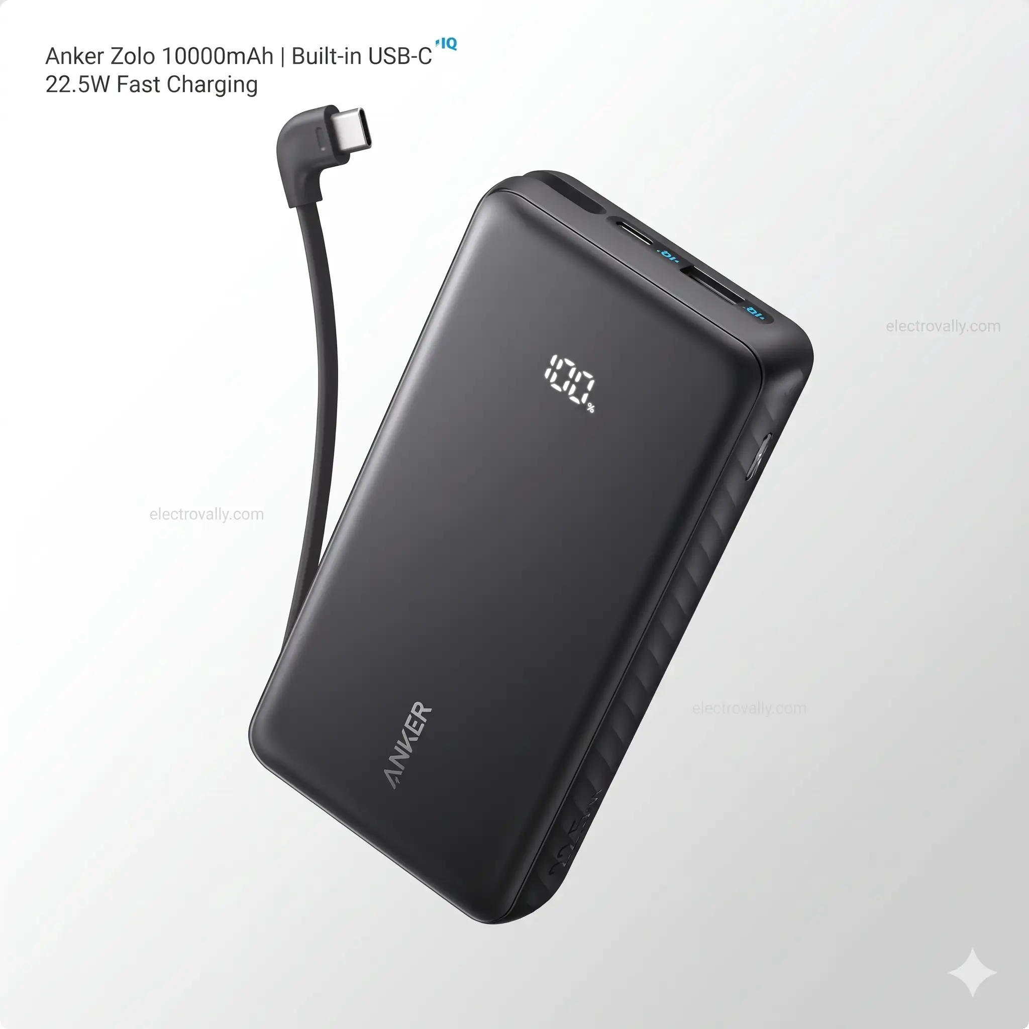 Black Anker Zolo 10000mAh power bank showing digital battery display, 22.5W fast charging icon, and built-in USB-C cable charging a phone.