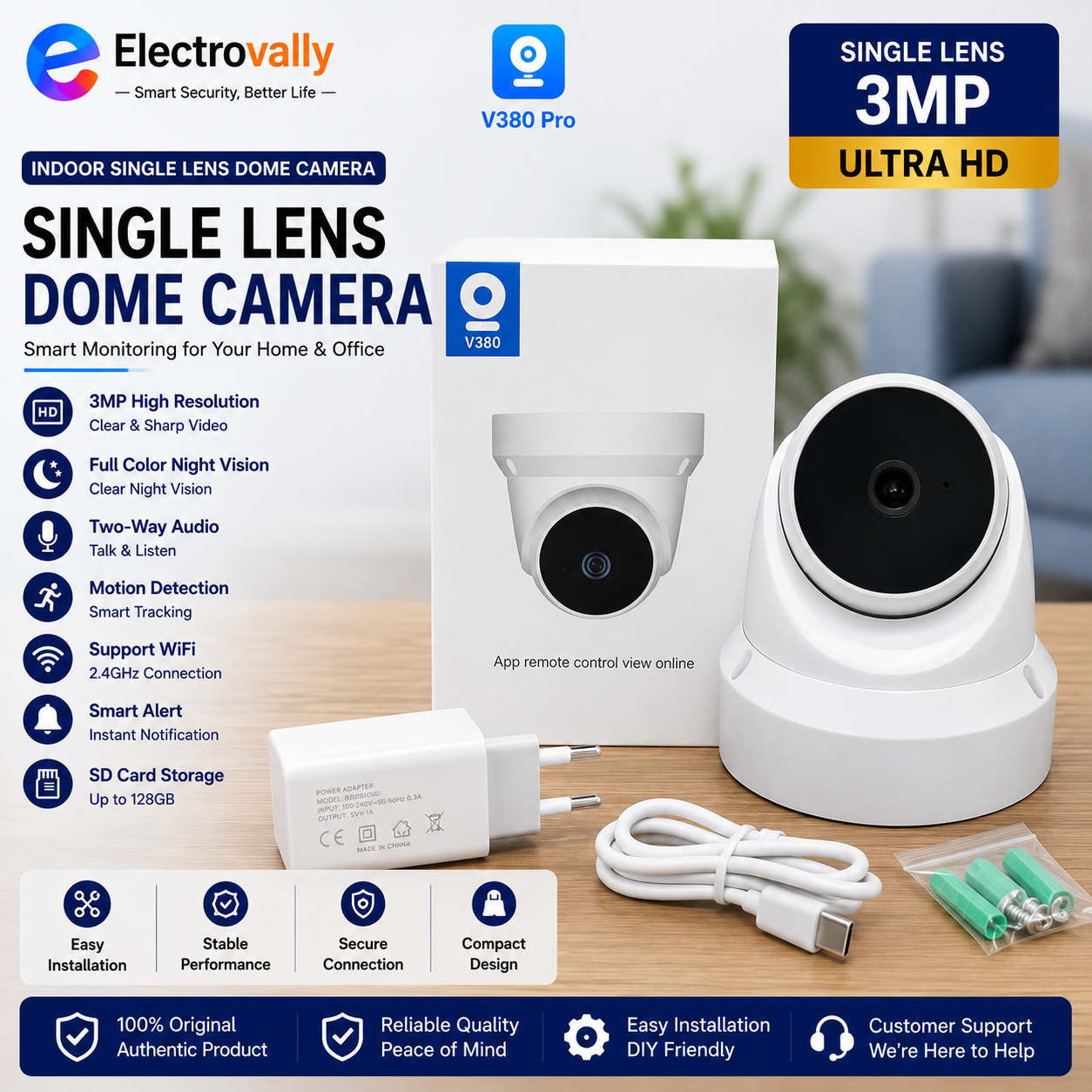 V380 Pro Single Lens 3MP Indoor Dome Smart WiFi IP Camera